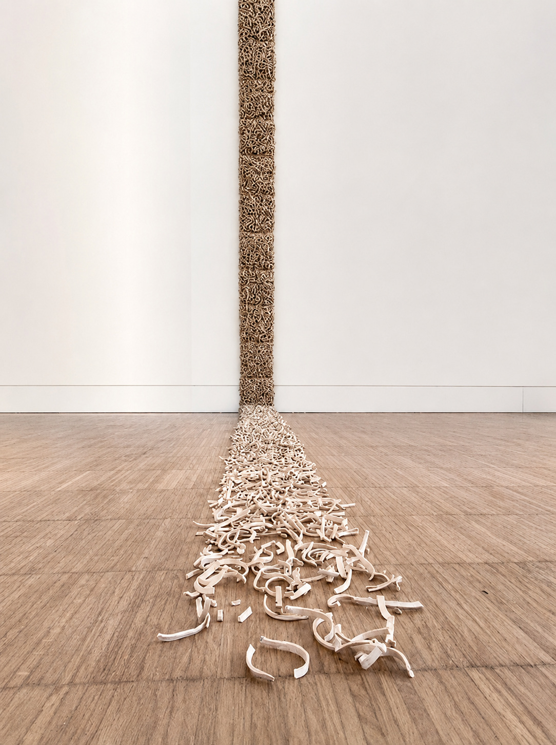 Fragments extending from wall to floor